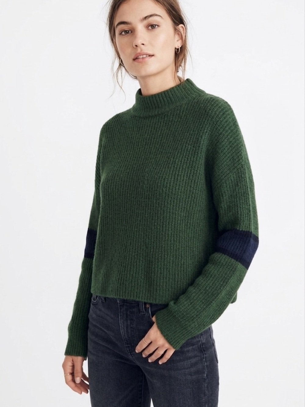 JOHN + JENN Green & Navy Blue Elbow Stripe Mock Neck Semi-Crop Sweater Top